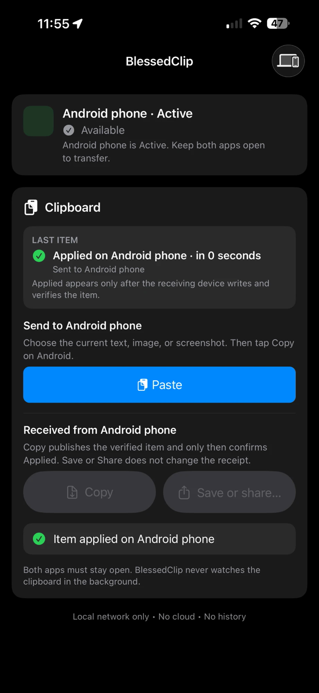 BlessedClip on iPhone, mid-transfer: the last item shows as applied on the Android phone with a verified delivery receipt.