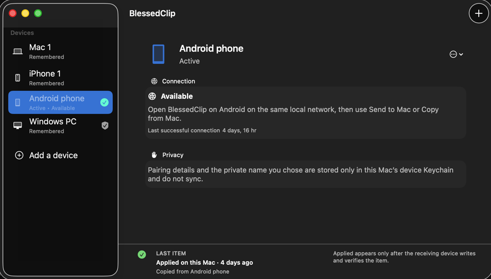 BlessedClip on macOS: a device list showing Mac, iPhone, an active Android phone, and a Windows PC, with connection status, a keychain privacy note, and a verified last-item receipt.