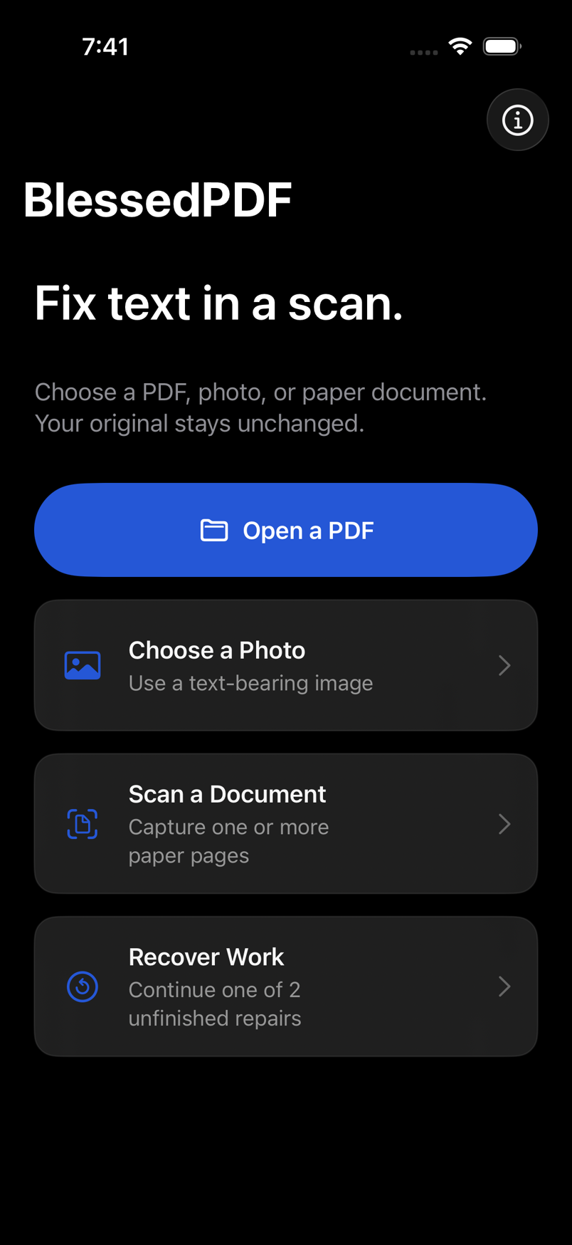BlessedPDF running on iPhone, showing options to open a PDF, choose a photo, scan a document, or recover unfinished repairs.